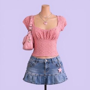 No Boundaries Pink Lace Ruched Bust Top Vintage Y2K Sheer Cap Sleeve Small 4-6